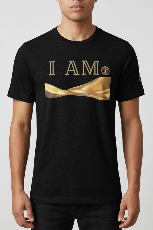 Close-up of the black Eternal Agape I AM Affirmation T-Shirt showing the gold I AM declaration, Tree of Life emblem and abstract gold artwork.