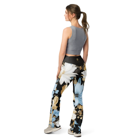 Chaitanya Abara White, Sky Blue and Black Floral Flare Leggings Eternal Agape Store