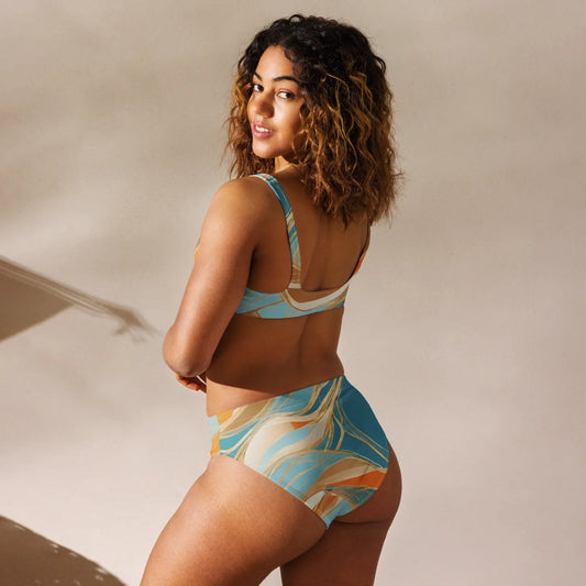 Sky Blue and Gold Abstract Print Chaitanya Abara High-Waisted Bikini Eternal Agape Store
