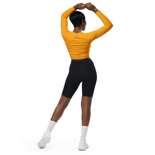 Chaitanya Abara Aureate Burst Recycled Long-Sleeve Crop Top — golden paint burst print radiating warm geometric energy