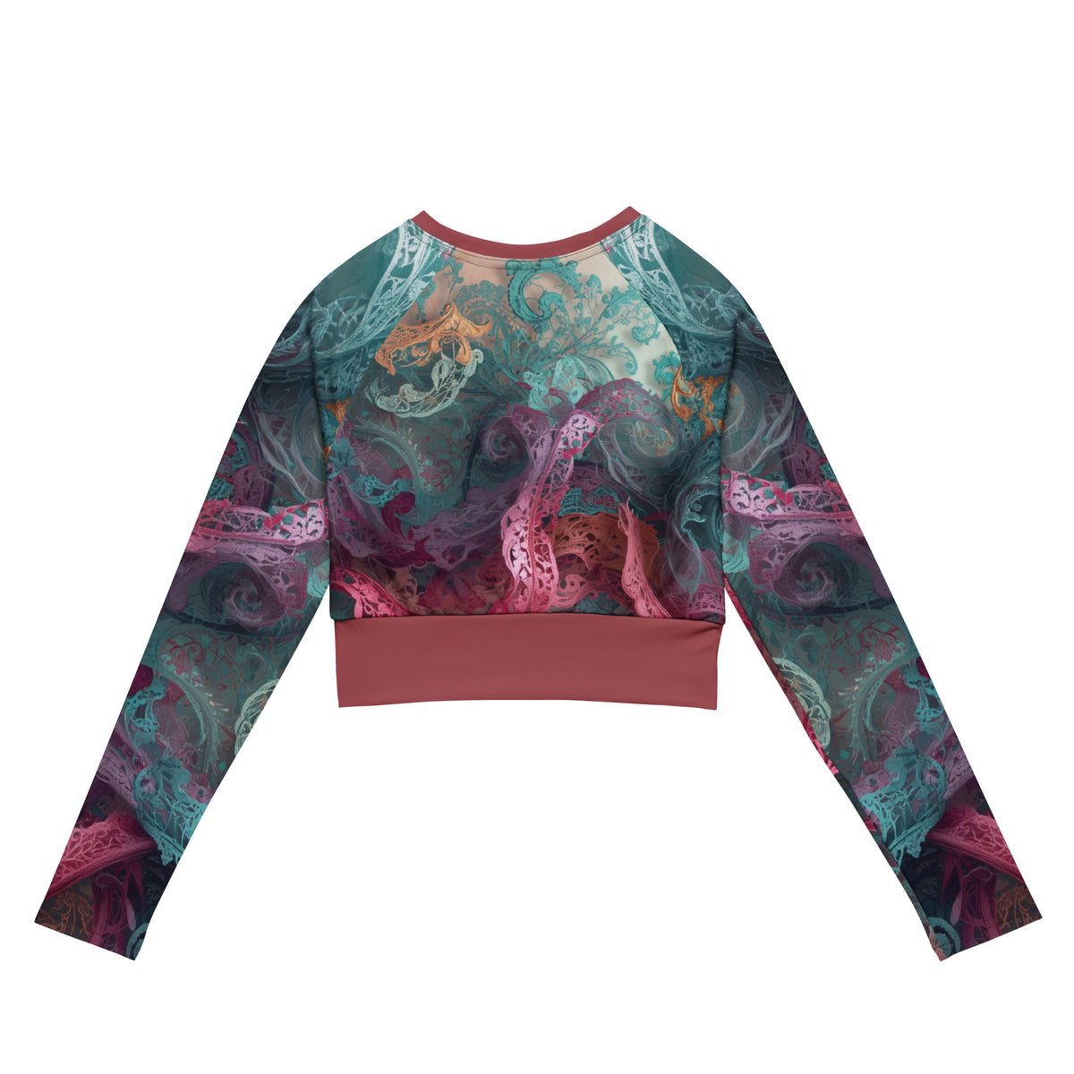 Chaitanya Abara Rangini Forme Recycled Long-Sleeve Crop Top — lace-woven fractal pattern in warm chromatic tones