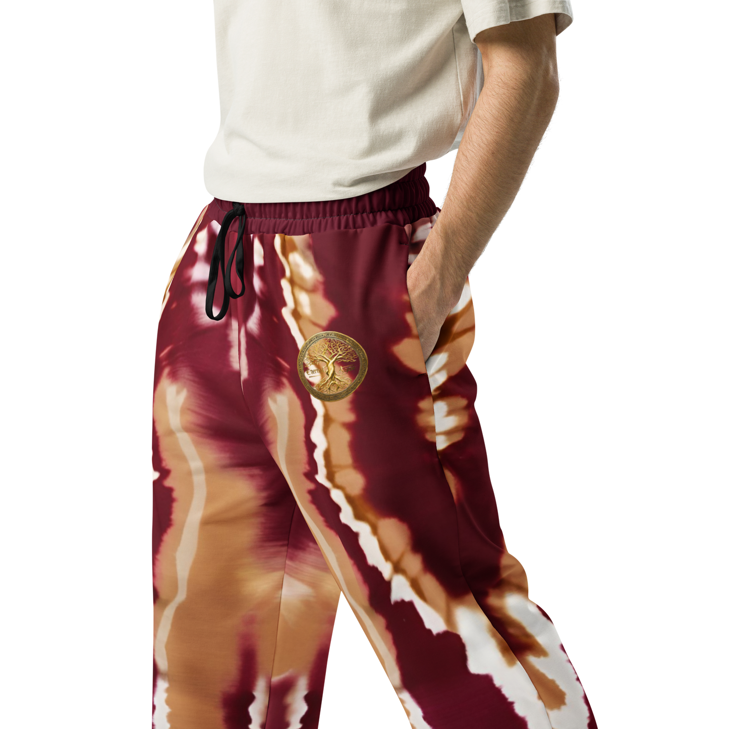 Eternal Agape Maroon and Gold Tie Dyed Wide-Leg Joggers