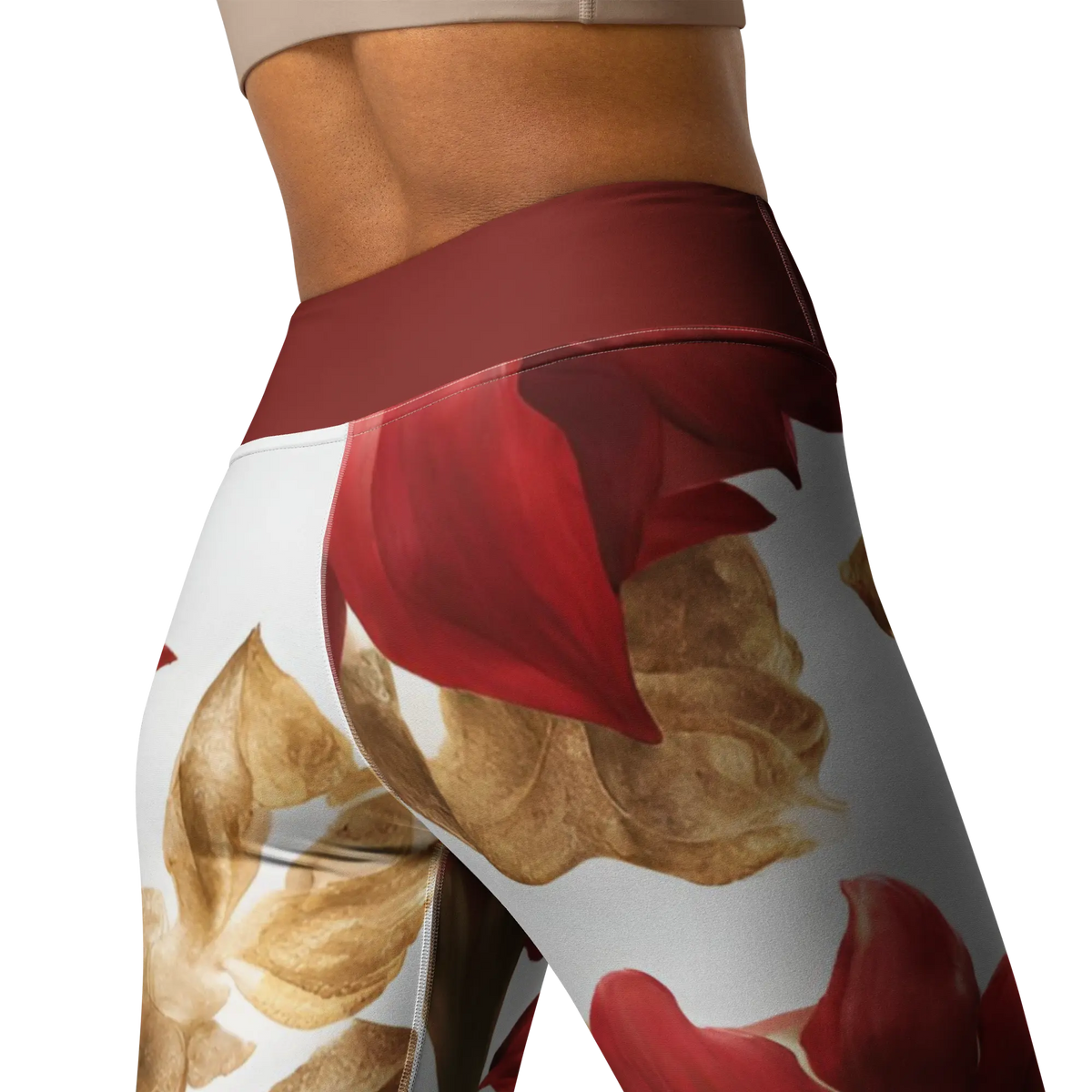 Chaitanya Abara Elegant Red Flowers Trimmed in Gold Yoga Leggings Eternal Agape Store
