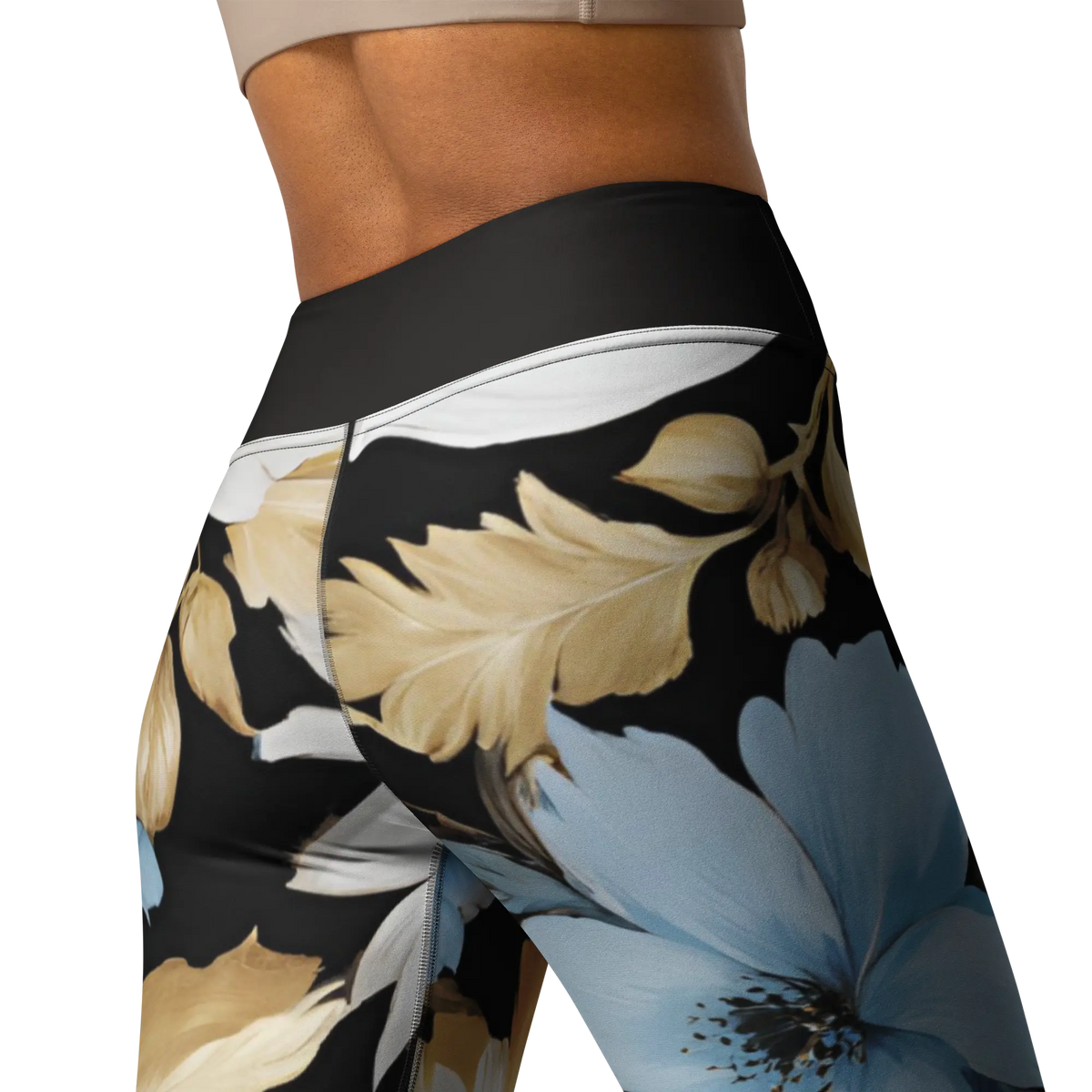 Chaitanya Abara White, Sky Blue and Black Floral Print Yoga Leggings Eternal Agape Store