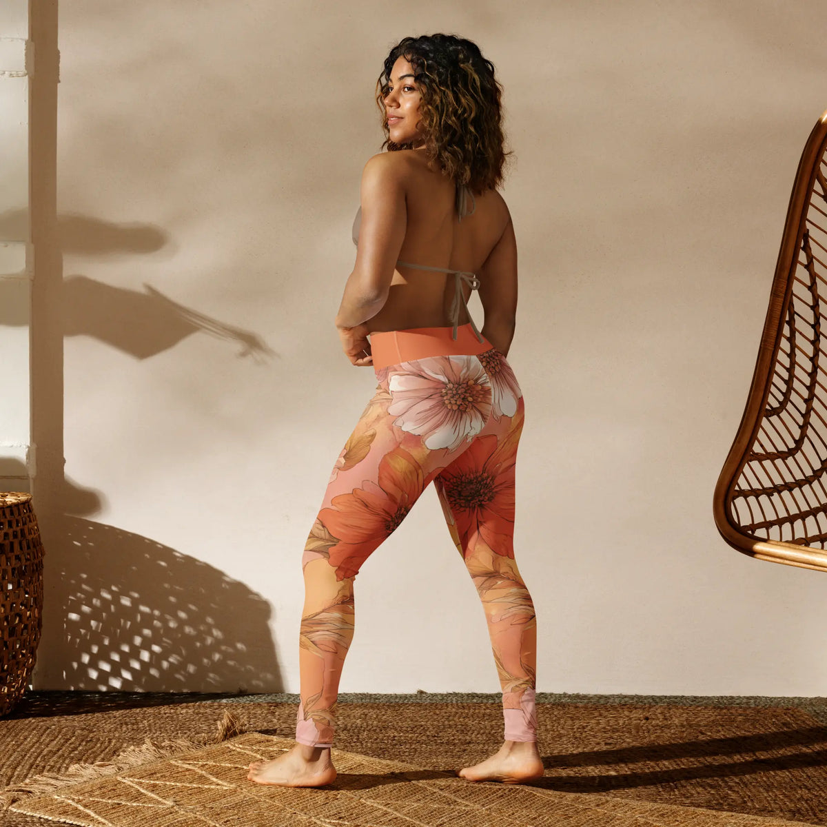 Chaitanya Abara Sunset Orange and Pink Floral Pattern Yoga Leggings Eternal Agape Store