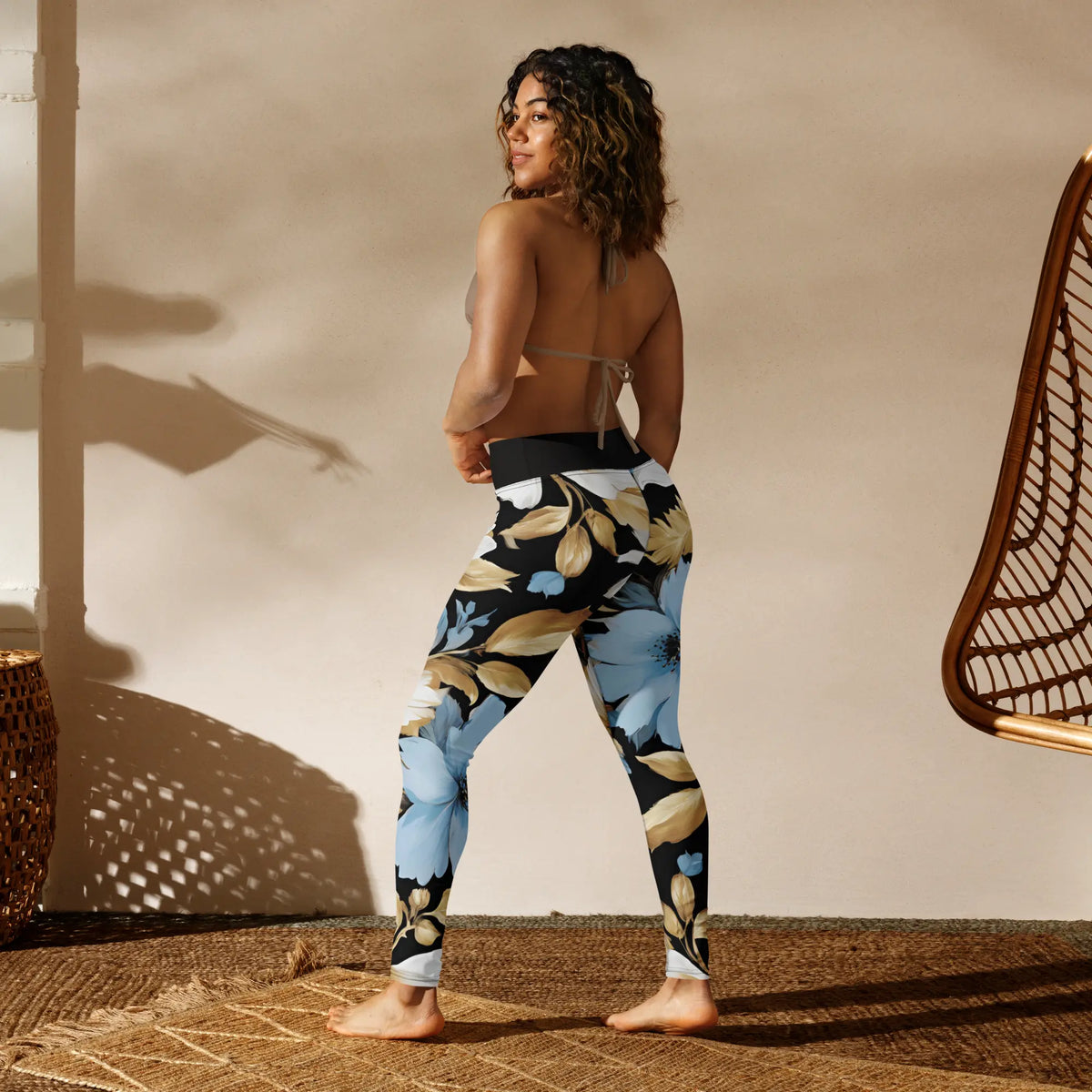 Chaitanya Abara White, Sky Blue and Black Floral Print Yoga Leggings Eternal Agape Store