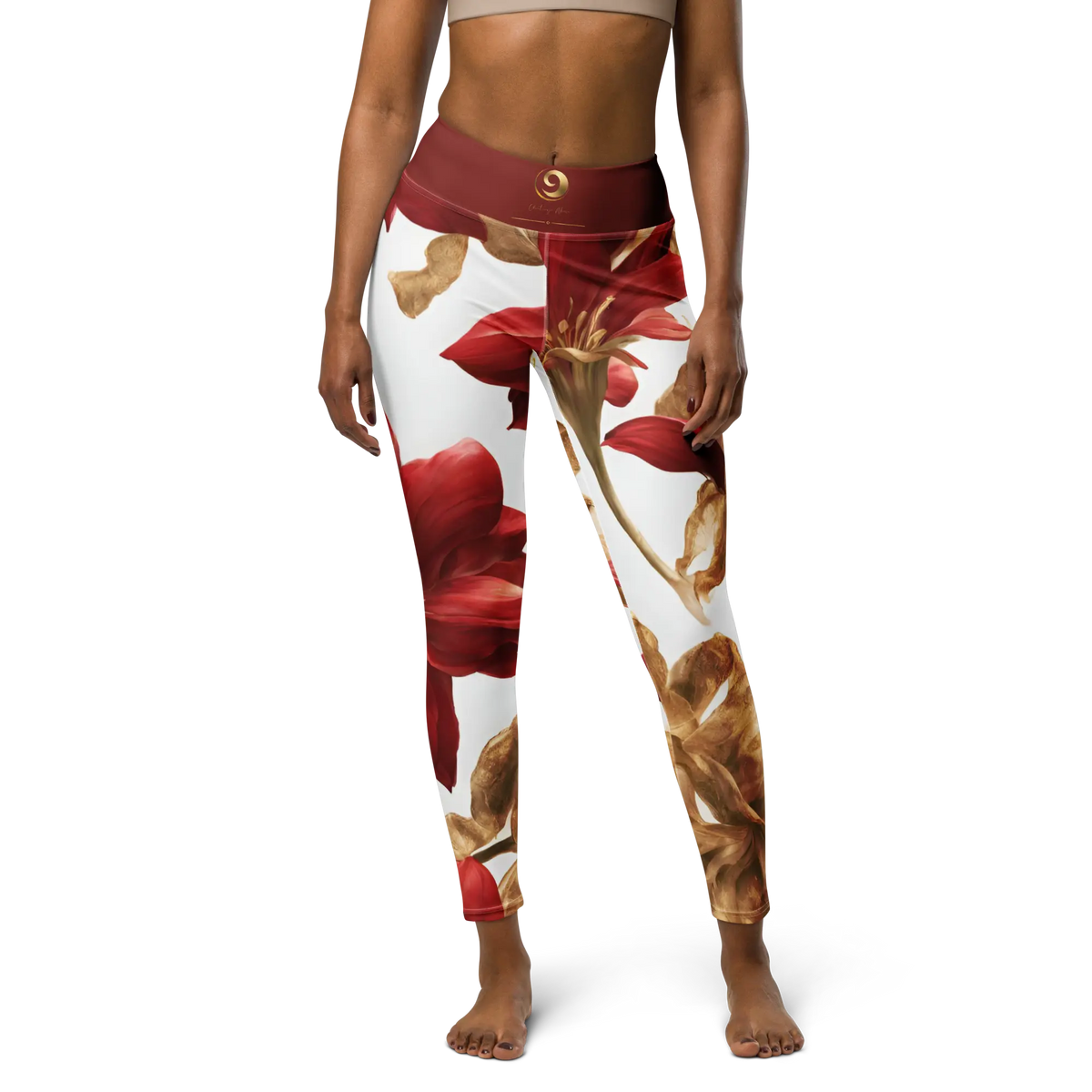 Chaitanya Abara Elegant Red Flowers Trimmed in Gold Yoga Leggings Eternal Agape Store