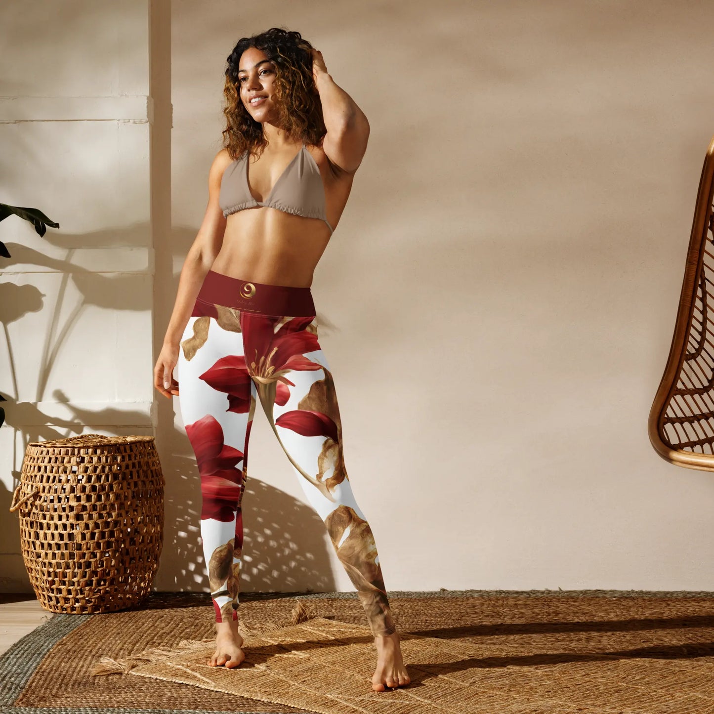 Chaitanya Abara Elegant Red Flowers Trimmed in Gold Yoga Leggings Eternal Agape Store