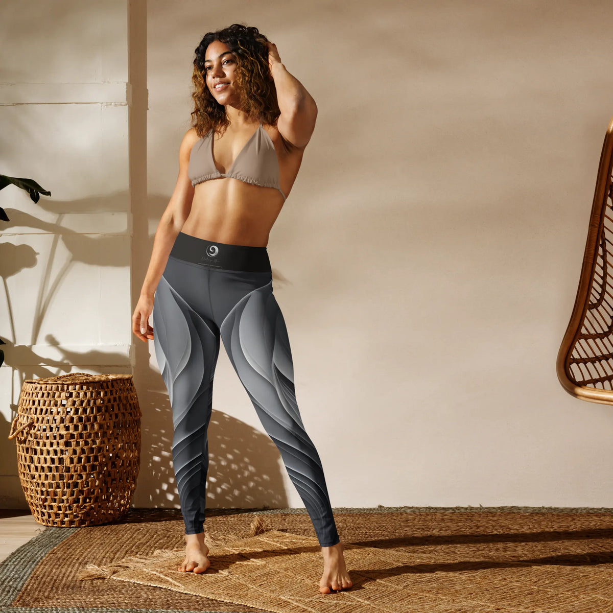 Chaitanya Abara Gray Leaf Pattern Yoga Leggings Eternal Agape Store