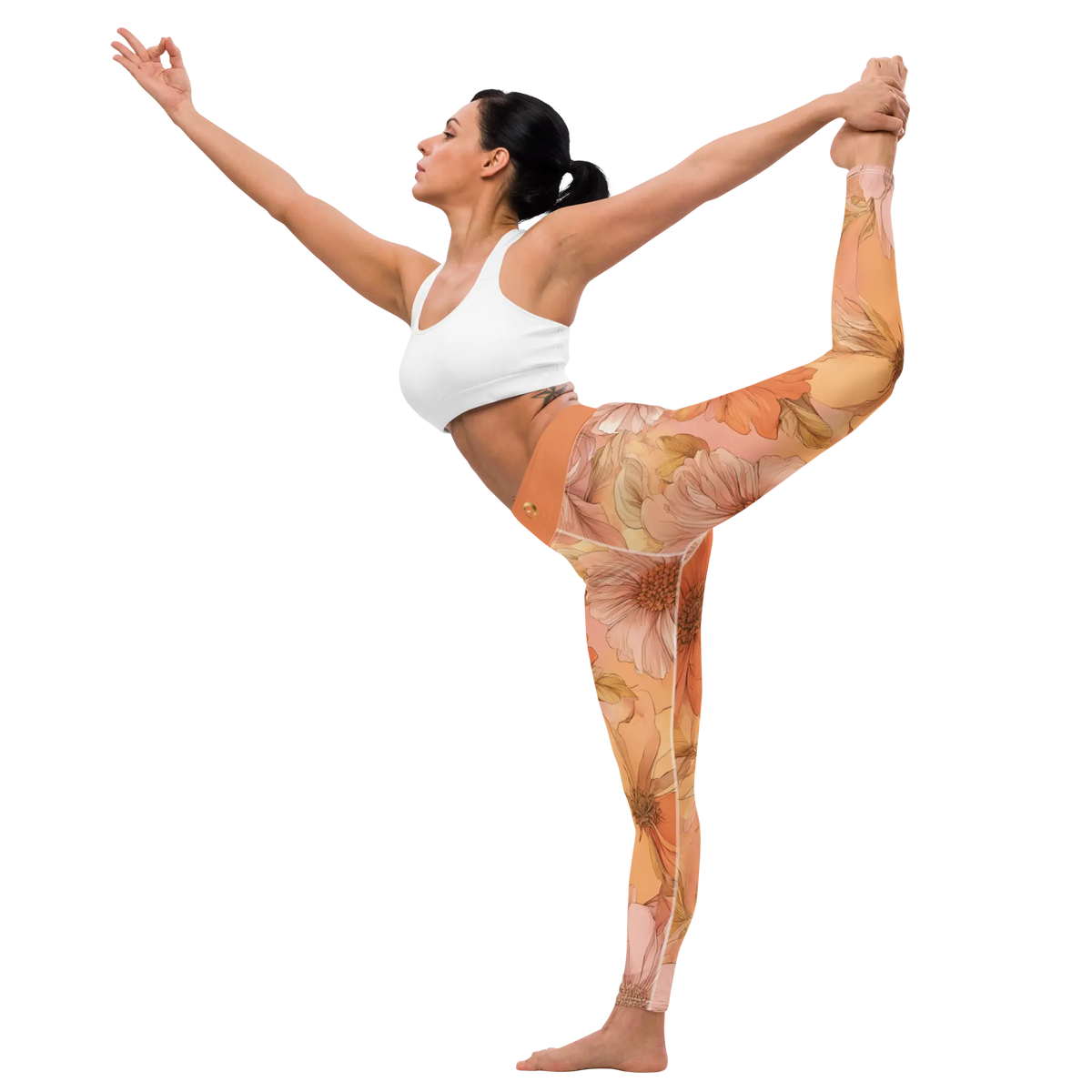 Chaitanya Abara Sunset Orange and Pink Floral Pattern Yoga Leggings Eternal Agape Store