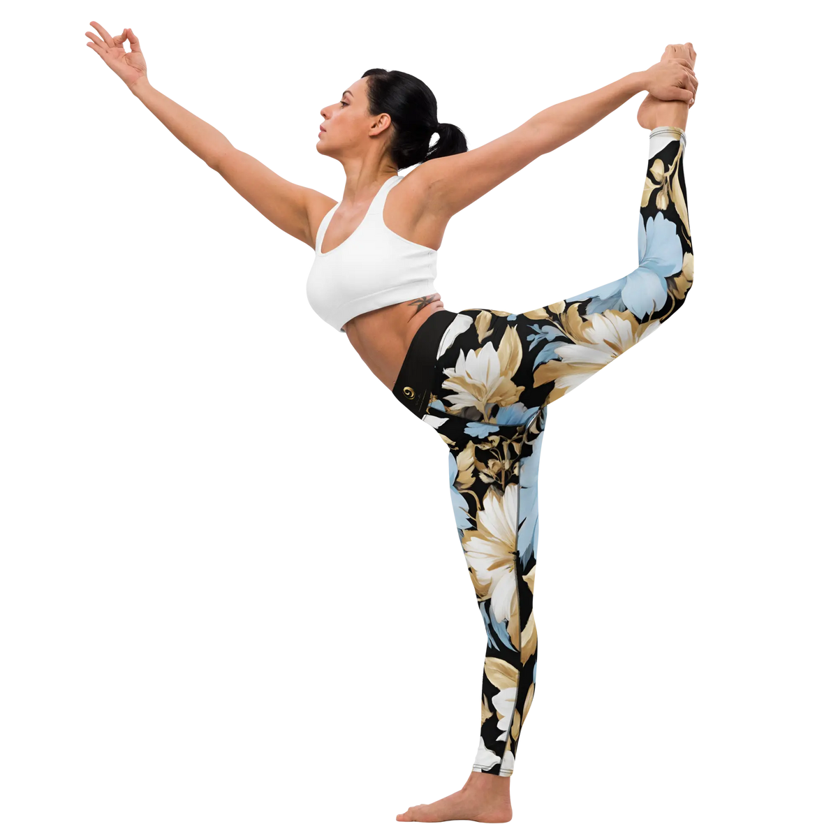 Chaitanya Abara White, Sky Blue and Black Floral Print Yoga Leggings Eternal Agape Store