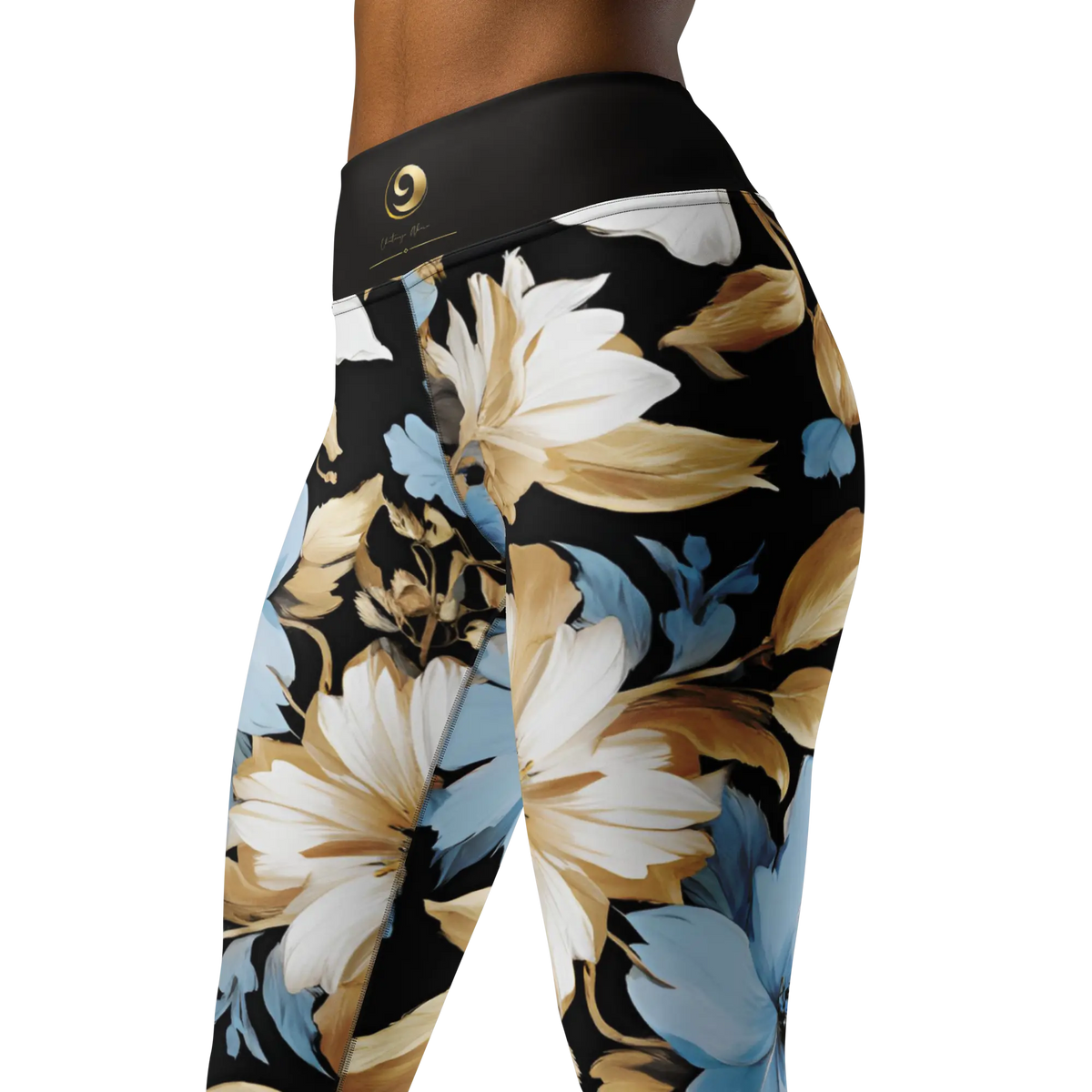 Chaitanya Abara White, Sky Blue and Black Floral Print Yoga Leggings Eternal Agape Store