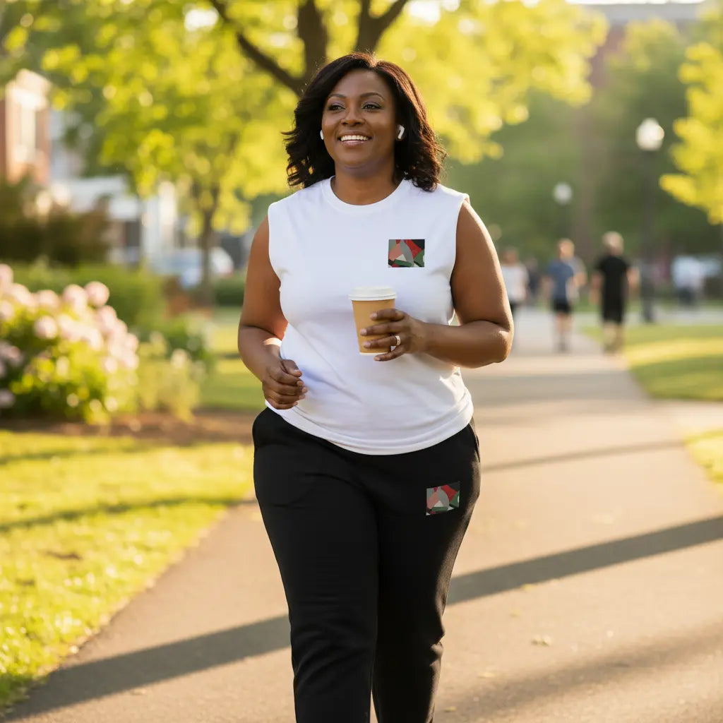 Middle-aged Black woman smiling and jogging through a sunny park wearing the Eternal Agape Elite Fitness Corps white muscle shirt and black heavyweight sweatpants — representing everyday fitness and mental wellness