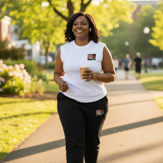 Middle-aged Black woman smiling and jogging through a sunny park wearing the Eternal Agape Elite Fitness Corps white muscle shirt and black heavyweight sweatpants — representing everyday fitness and mental wellness