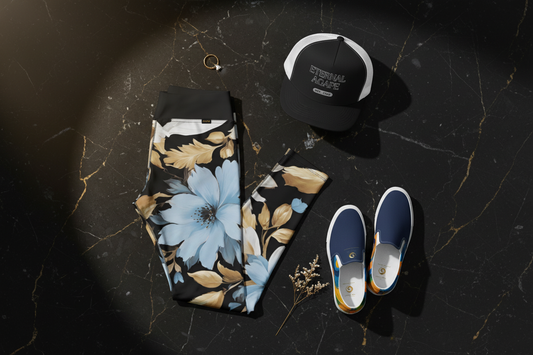 Eternal Agape luxury flat lay featuring White Sky Blue and Black Floral Yoga Leggings, Blue Abstract Canvas Shoes, and Eternal Agape 5 Panel Trucker Cap on black marble