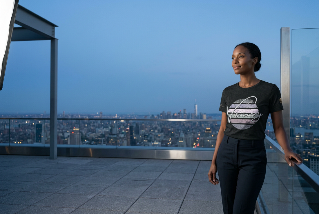 Woman wearing a black Chaitanya Abara Visionary T-shirt on a rooftop overlooking the city at blue hour.