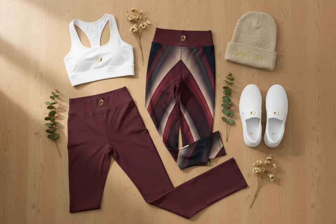 Eternal Agape activewear flat lay — Passion leggings, sports bra, maroon flare leggings, slip-on shoes, and waffle beanie.