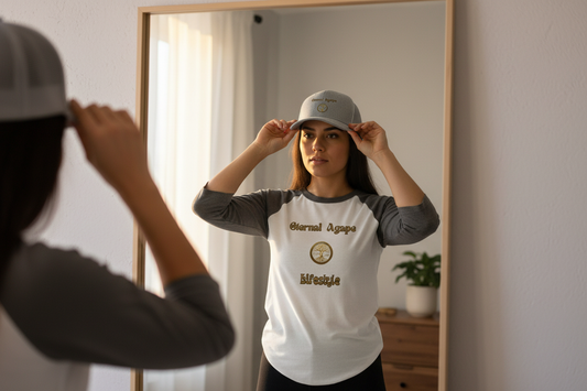  A person pausing at a mirror in soft morning light, dressed intentionally in Eternal Agape Lifestyle raglan tee and trucker cap, embodying the practice of wearing your love.