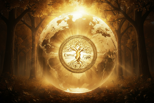 Eternal Agape golden Earth globe with Tree of Life logo — sustainability and conscious living