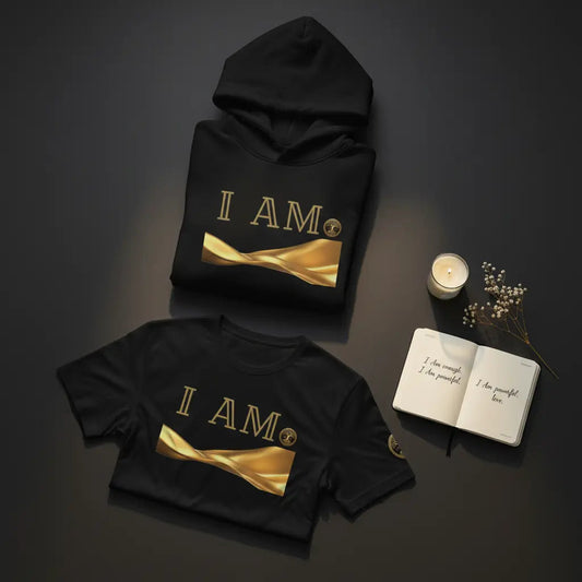 Eternal Agape I Am Collection — black hoodie and t-shirt with gold 'I AM.' graphic, styled with a journal, candle, and dried flowers on a dark surface