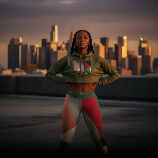 Black woman in Elite Fitness Corps activewear on a rooftop— Juneteenth editorial