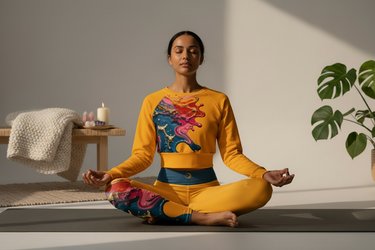 Woman in seated meditation pose wearing golden amber-yellow paint splash print activewear by Eternal Agape
