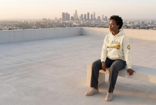Woman wearing a cream Eternal Agape “I AM” hoodie sits on a rooftop bench, gazing toward the city skyline in soft morning light.⠋