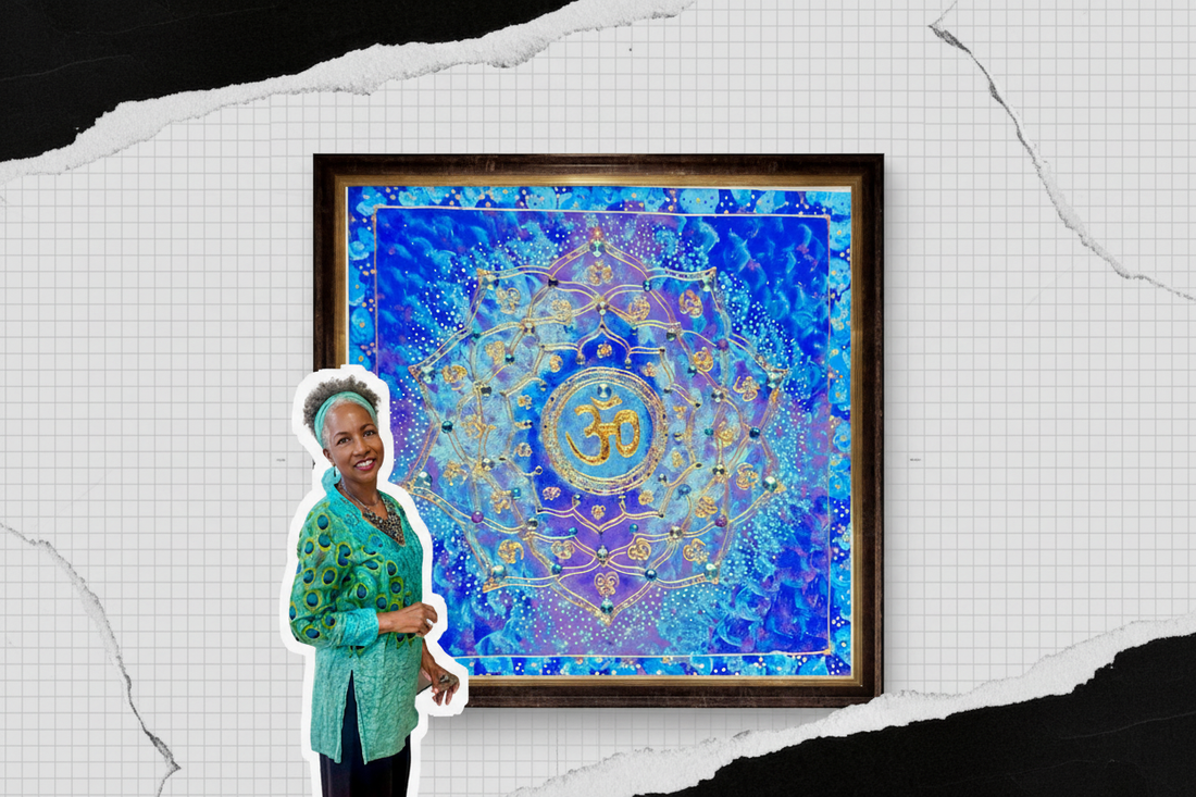 Shell Amega standing beside her painting Opal Om — a stunning blue and purple mandala with gold Om symbol at its center