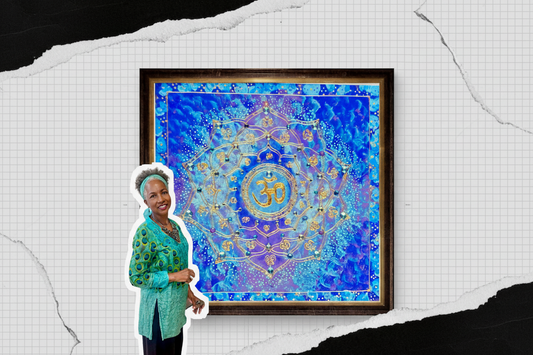 Shell Amega standing beside her painting Opal Om — a stunning blue and purple mandala with gold Om symbol at its center
