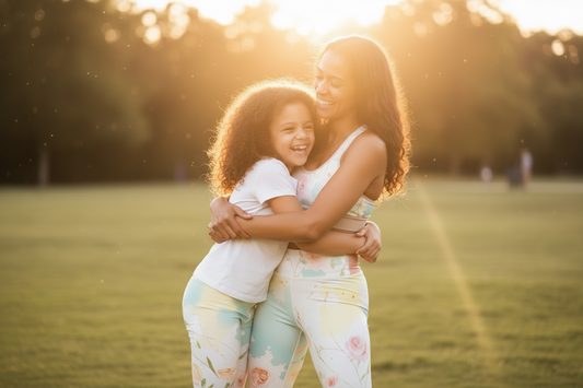 Mother and daughter in matching Eternal Agape Summer Bouquet floral leggings, laughing together in golden summer light.