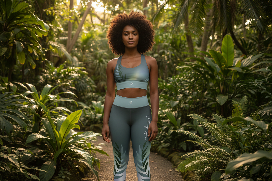 A confident woman with warm brown skin and natural curly hair standing in a lush botanical garden wearing the Chaitanya Abara gray leaf print capri leggings and matching racerback sports bra — Eternal Agape sustainable activewear.
