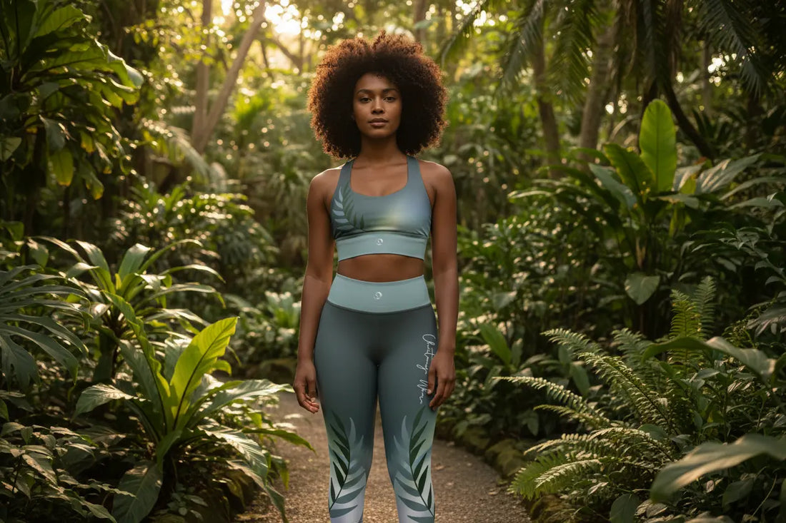 A confident woman with warm brown skin and natural curly hair standing in a lush botanical garden wearing the Chaitanya Abara gray leaf print capri leggings and matching racerback sports bra — Eternal Agape sustainable activewear.