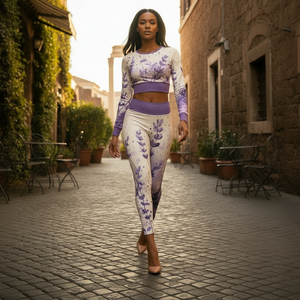 Model wearing the Chaitanya Abara Lavande Séraphique crop top and leggings beneath cascading lavender wisteria flowers.