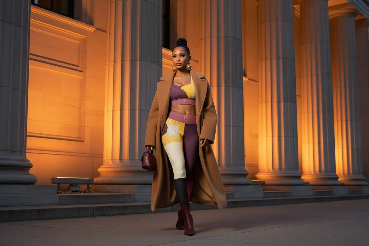 Crimson Monarch Collection – Women's luxury color-blocked activewear set in burgundy, golden yellow, and cream styled street-side at night