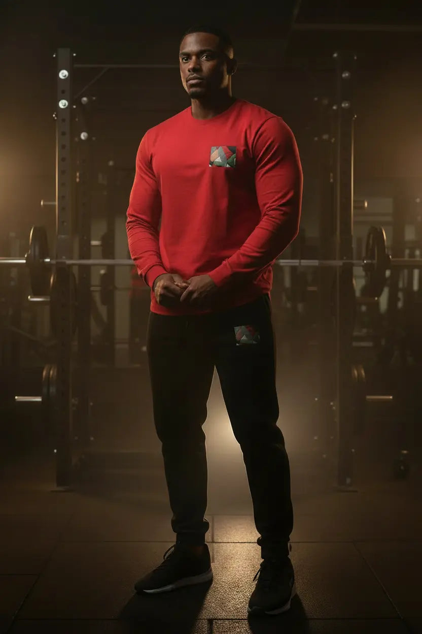 Elite Fitness Corps Men's activewear — athletic male model wearing a red long sleeve tee and black heavyweight sweatpants by Chaitanya Abara for Eternal Agape