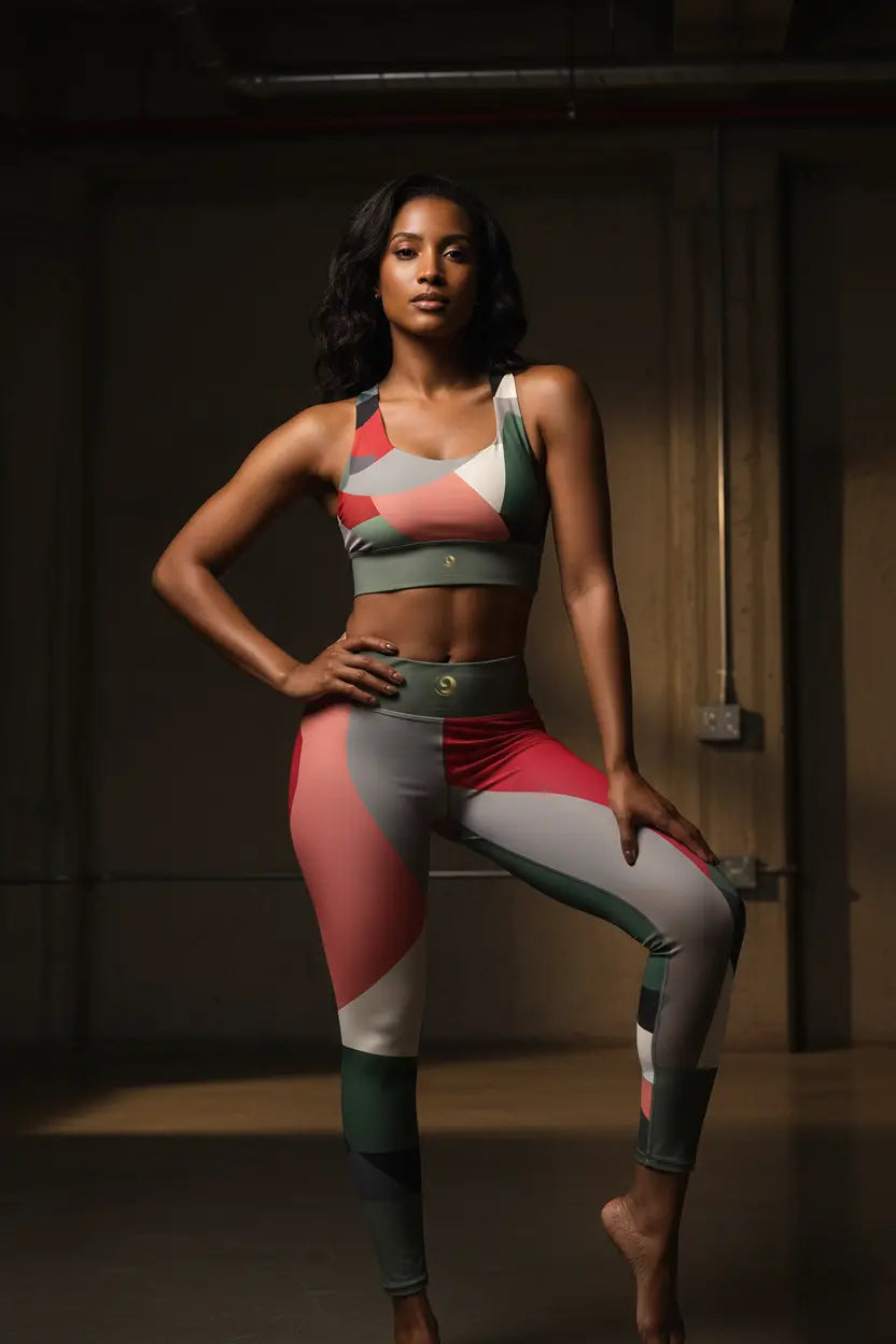 Elite Fitness Corps Women's activewear — athletic female model wearing a longline sports bra and bold print yoga leggings by Chaitanya Abara for Eternal Agape