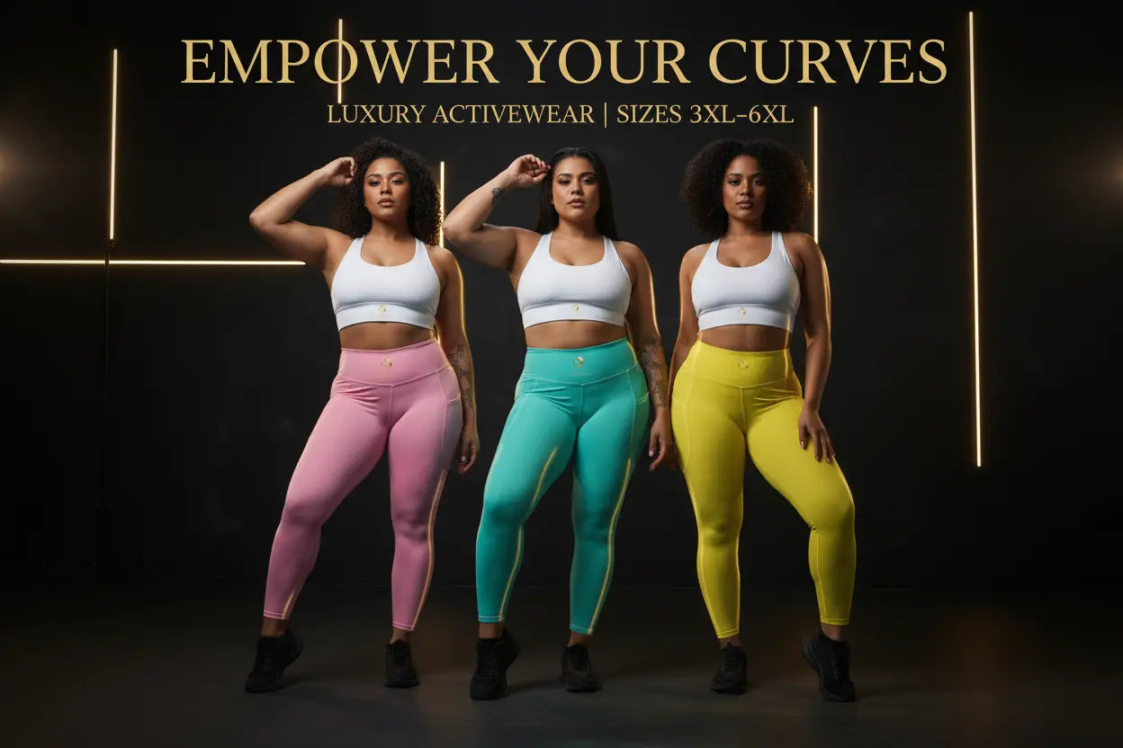Three plus-size models wearing pink, teal, and yellow Eternal Agape pocket leggings with white sports bra