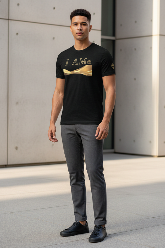 Model wearing the black Eternal Agape I AM Affirmation T-Shirt with gold artwork, styled with tailored trousers in a warm modern architectural setting.
