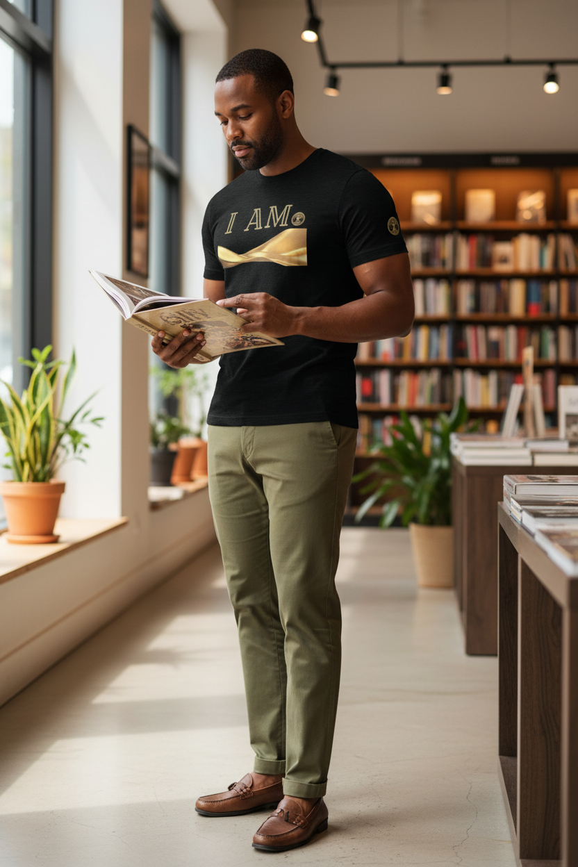 Model wearing the black Eternal Agape I AM Affirmation T-Shirt while reading an art book in a contemporary bookstore.