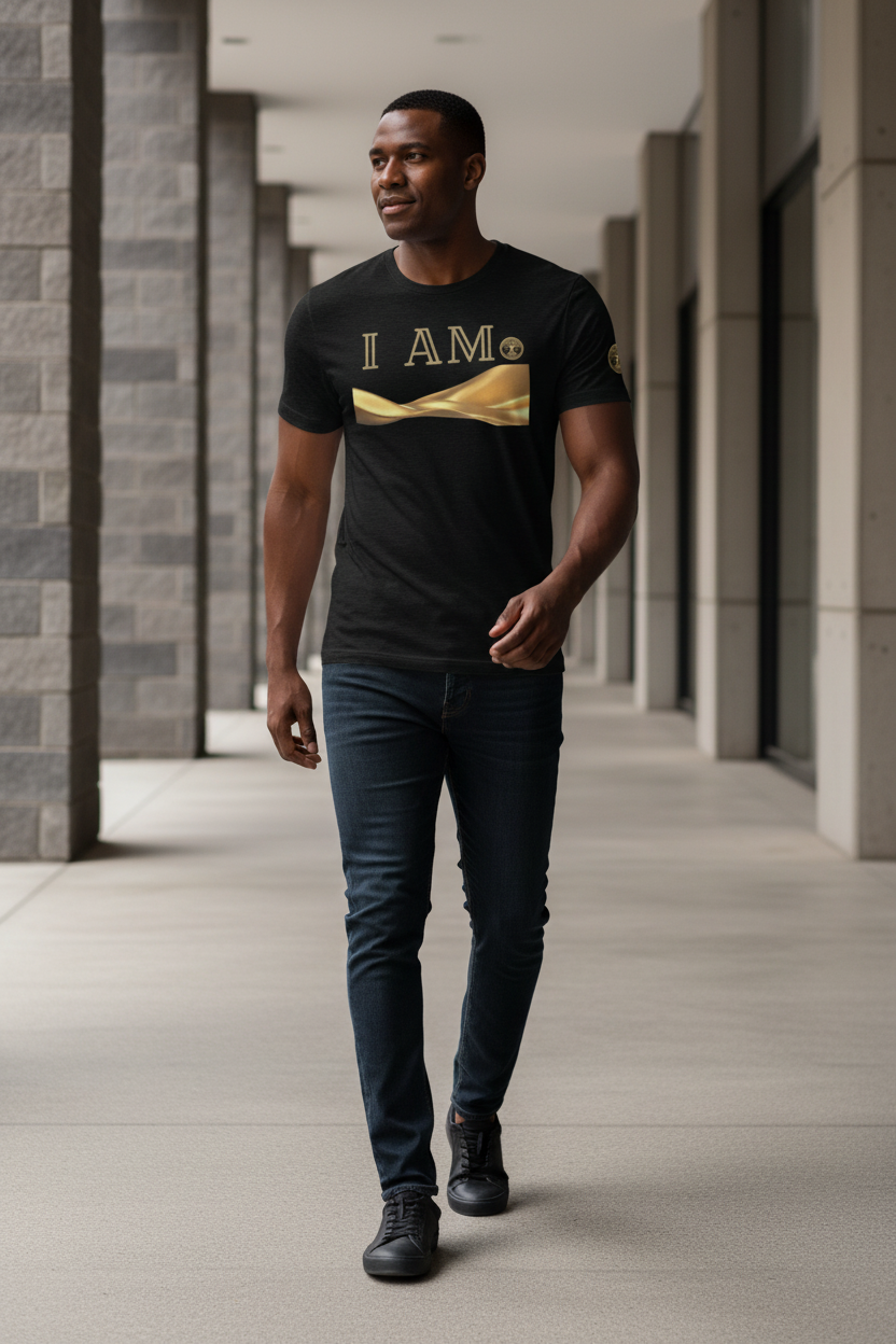 Model walking in the black Eternal Agape I AM Affirmation T-Shirt styled with tailored gray trousers in a modern architectural corridor.