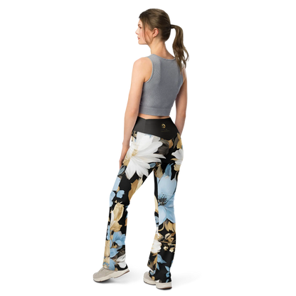 Chaitanya Abara White, Sky Blue and Black Floral Flare Leggings Eternal Agape Store