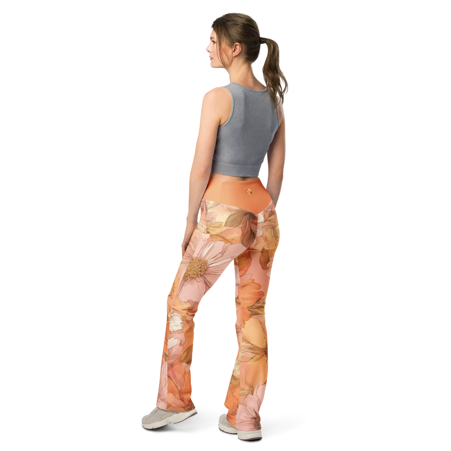 Chaitanya Abara Sunset Orange Floral Print Flare Leggings Eternal Agape Store