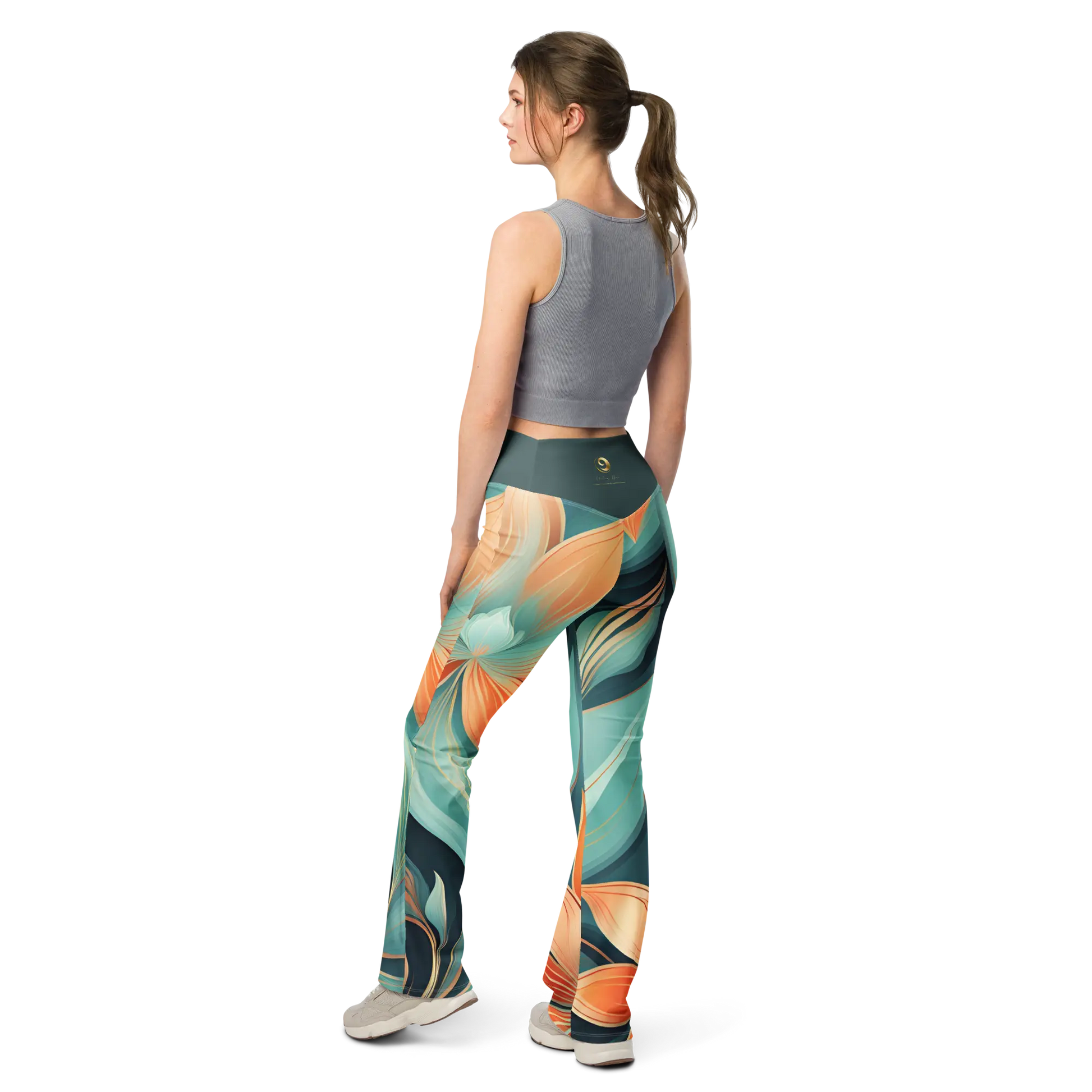 Chaitanya Abara Green with Orange Blossom Flare Leggings Eternal Agape Store
