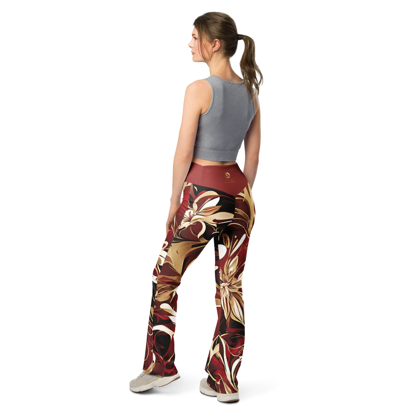 Chaitanya Abara Red, Maroon and Gold Abstract Floral Flare leggings Eternal Agape Store