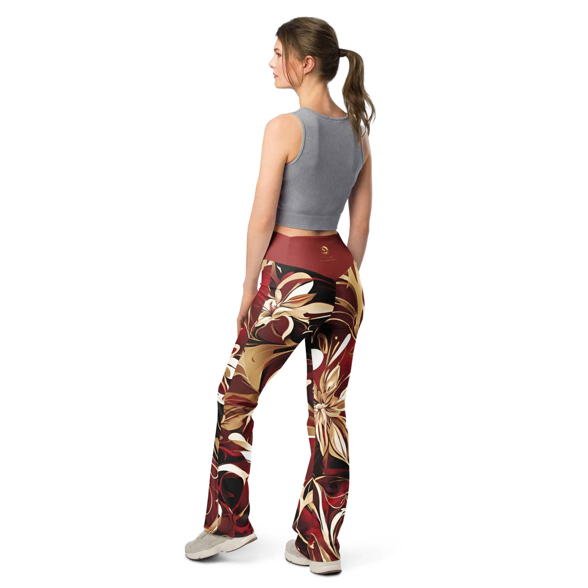 Chaitanya Abara Red, Maroon and Gold Abstract Floral Flare leggings Eternal Agape Store
