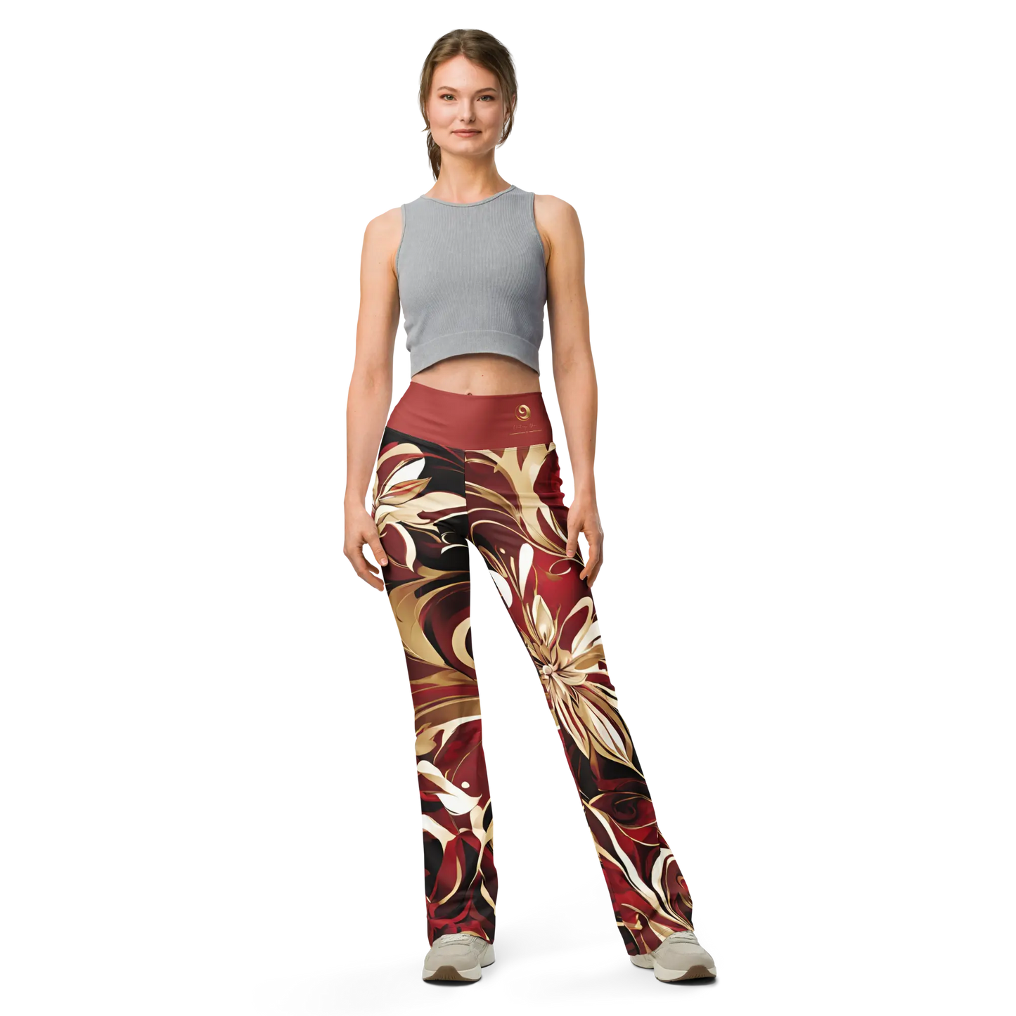 Chaitanya Abara Red, Maroon and Gold Abstract Floral Flare leggings Eternal Agape Store