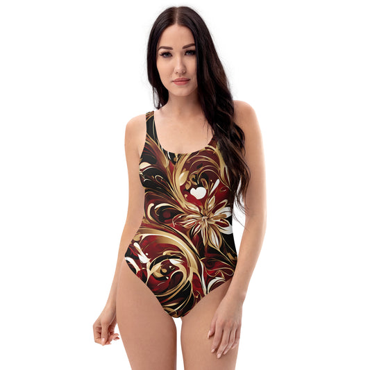 Chaitanya Abara Red, Maroon and Gold Abstract Floral Print One-Piece Swimsuit — front view, exclusive wearable art designer swimwear from Eternal Agape Store