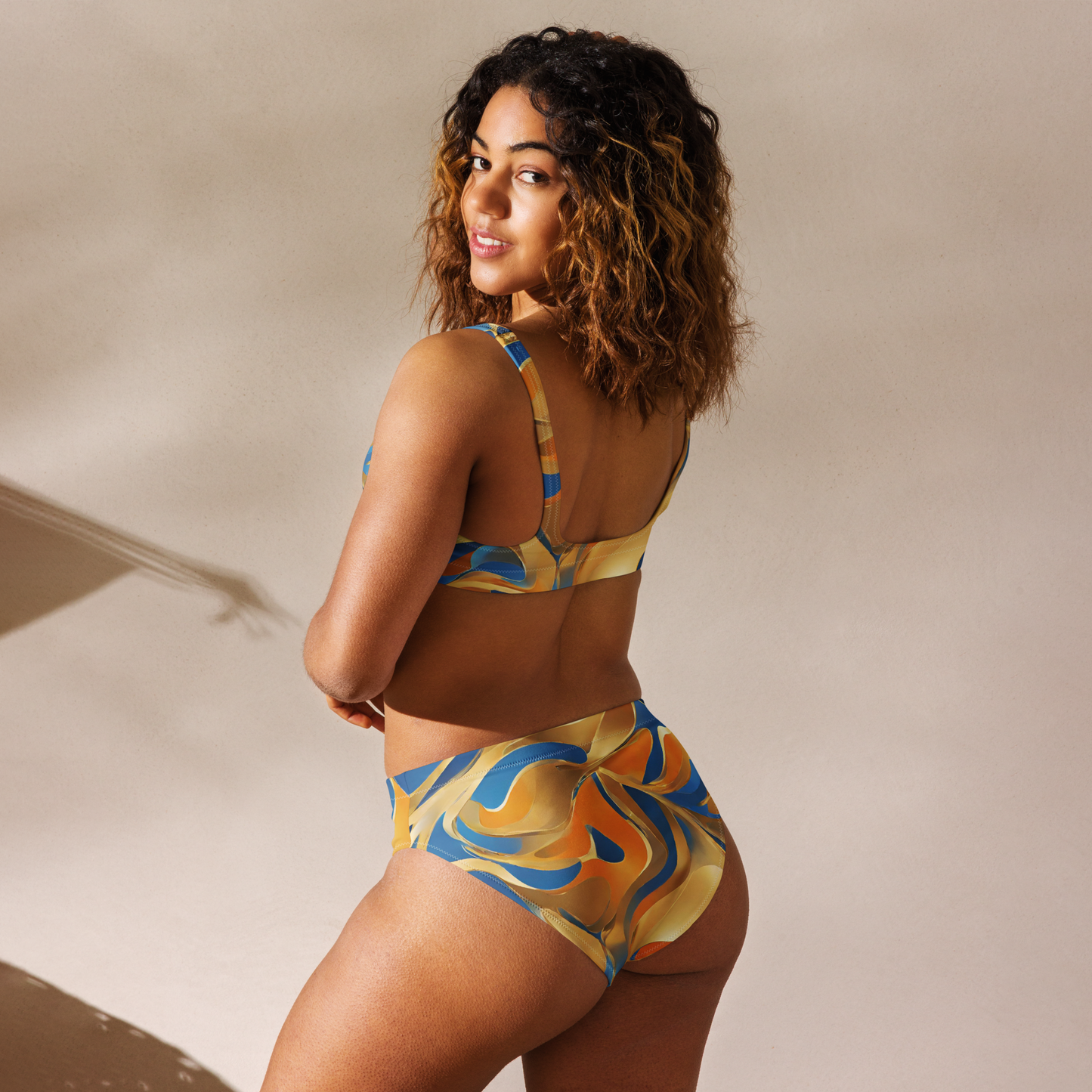 Blue, Orange and Gold Abstract Print Chaitanya Abara High-Waisted Bikini Eternal Agape Store