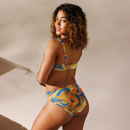 Blue, Orange and Gold Abstract Print Chaitanya Abara High-Waisted Bikini Eternal Agape Store