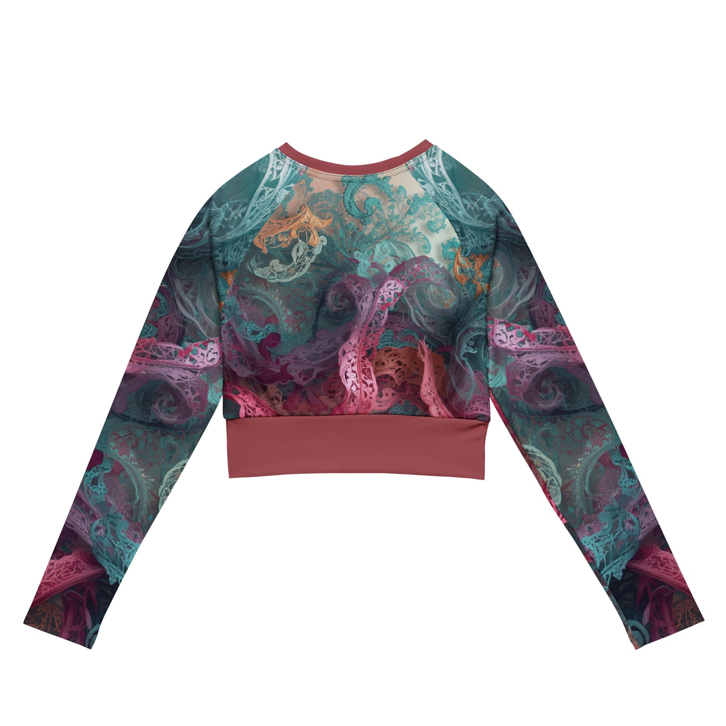 Chaitanya Abara Rangini Forme Recycled Long-Sleeve Crop Top — lace-woven fractal pattern in warm chromatic tones